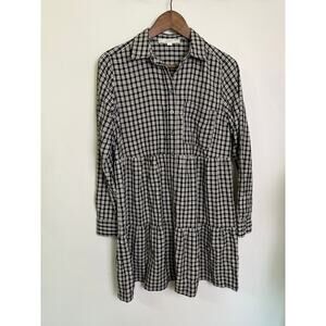 LOFT Black White Plaid Babydoll Shirtdress Long Sleeve Button Front Size Small